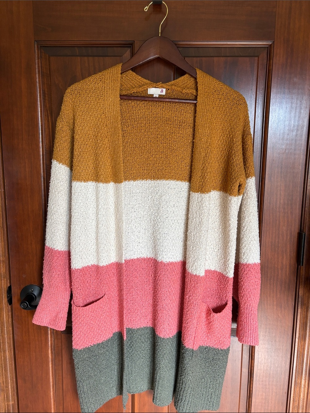 Colorblock Open-Front Cardigan Sweater - Mustard, Cream, Pink, Olive- Women's XS